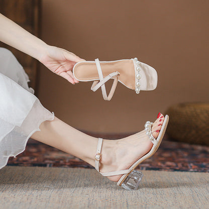 Syncreas Transparent Ankle-strap Pearl High Heels