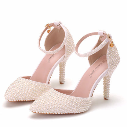 Syncreas White Pearl Pointed High Heel Sandals with Stiletto Heel