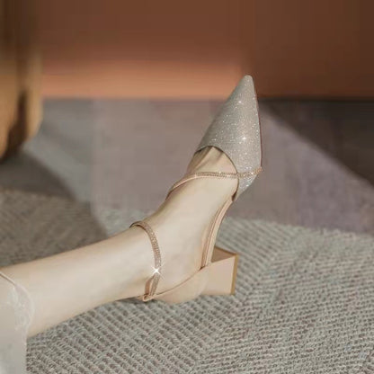 Syncreas Women's Pointed Toe Buckle Strap Rhinestone Chunky Heel High Heels