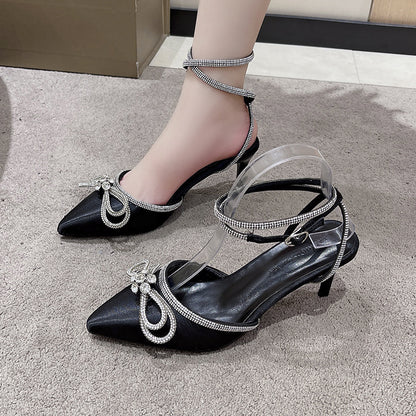 Syncreas Women's Fashion Rhinestone Bow Pointed High Heels