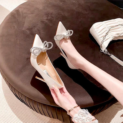 Syncreas Black High Heels Women's Bow Stiletto Heel Temperament Pointed Rhinestone Shoes