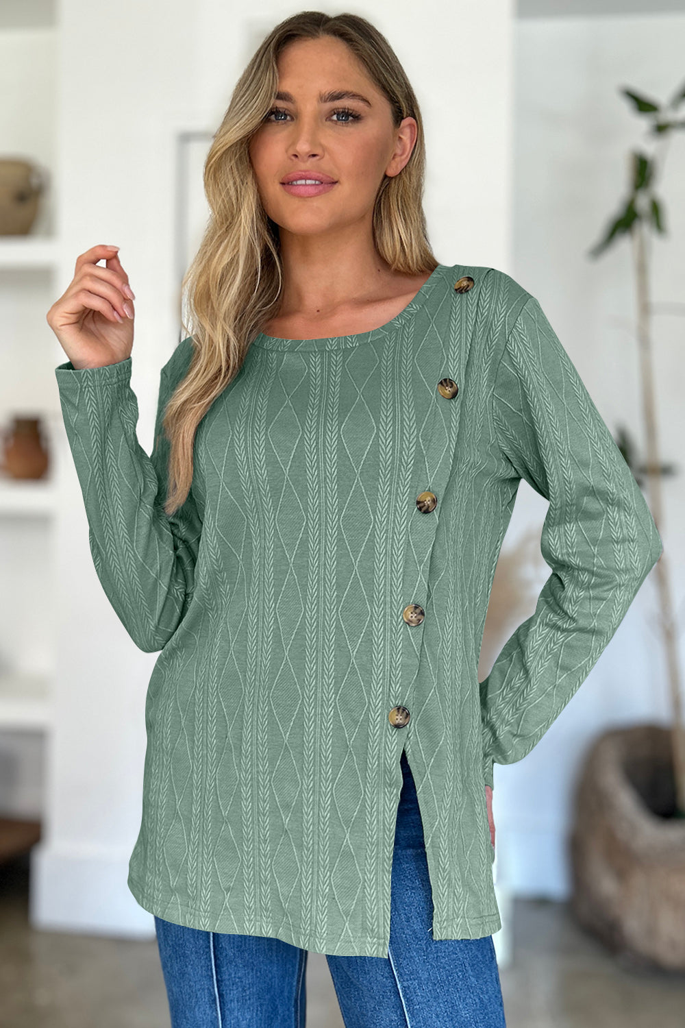 FAM-FAM Slit Round Neck Long Sleeve T-Shirt