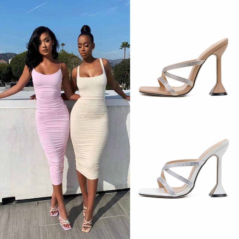 Syncreas Rhinestone Cross Strap High Heels