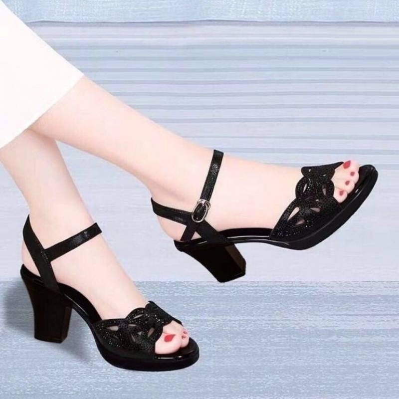 Syncreas Mid-heel Fish Mouth Soft Sole Mother Shoes Rhinestone High Heels