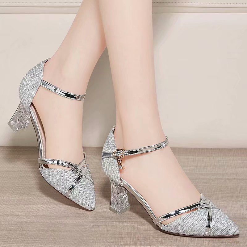Syncreas Women's Pointed Leather Sandals Mid-High Heel