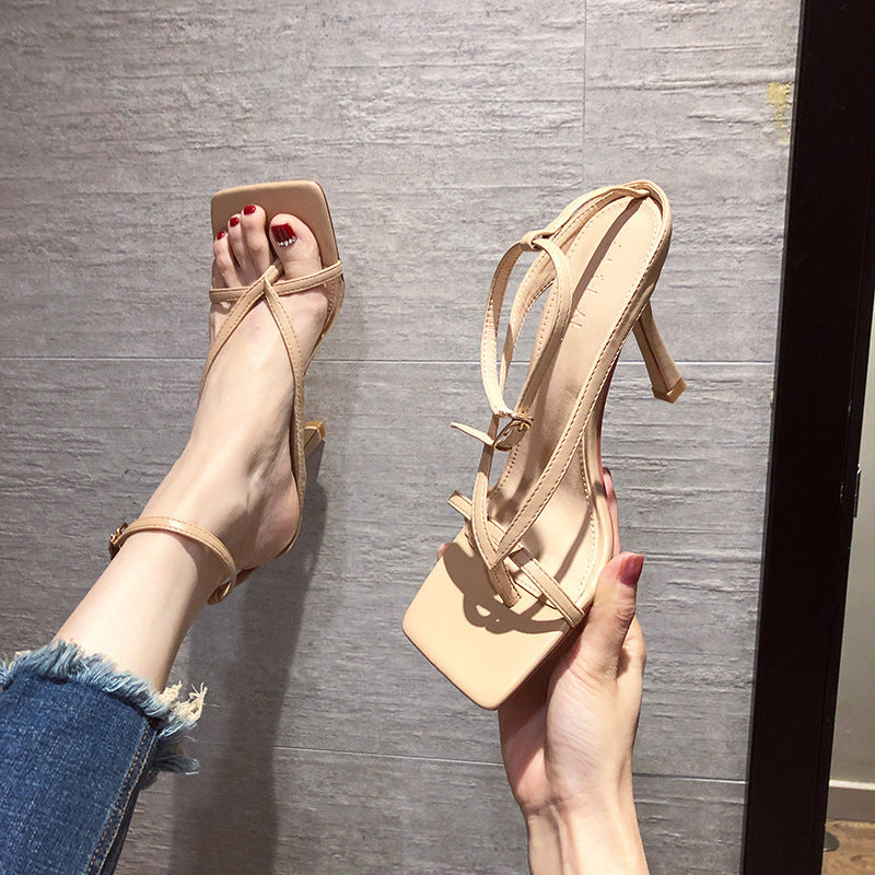Syncreas Nude Lace-up Square Toe Lace-up High Heels
