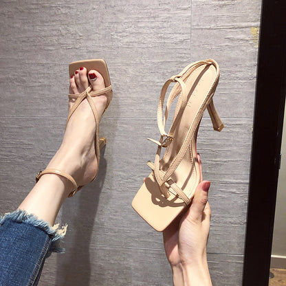 Syncreas Nude Lace-up Square Toe Lace-up High Heels