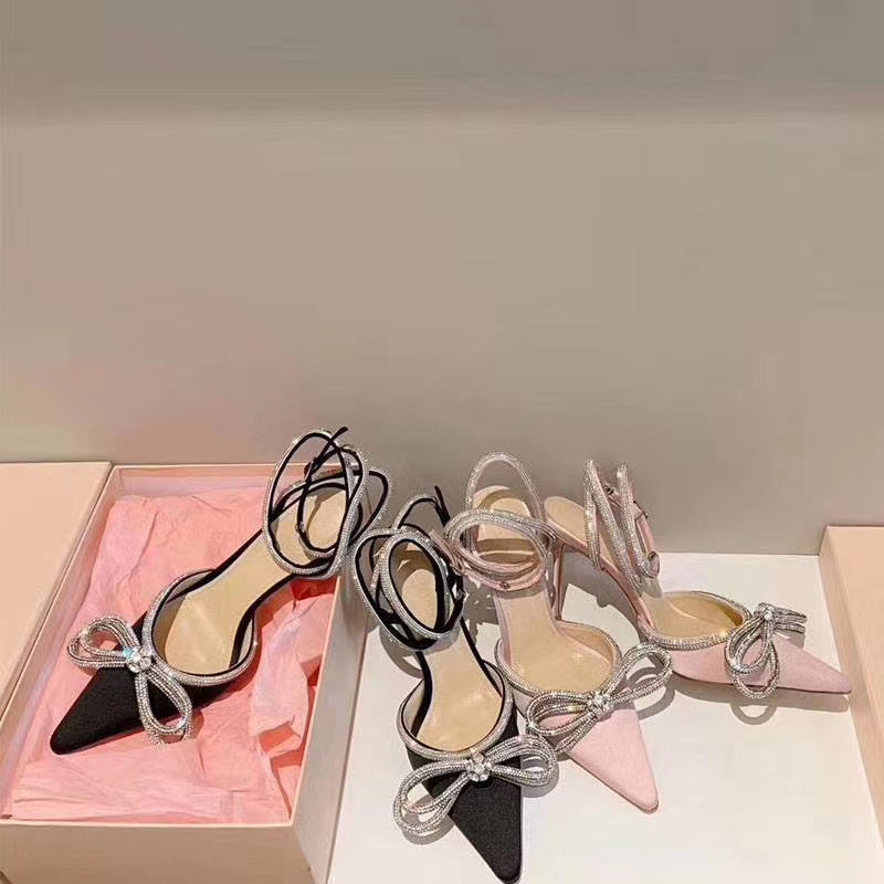 Syncreas Bowknot Rhinestone Crystal Fashion Satin Sandals High Heels Party Prom Shoes