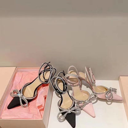 Syncreas Bowknot Rhinestone Crystal Fashion Satin Sandals High Heels Party Prom Shoes