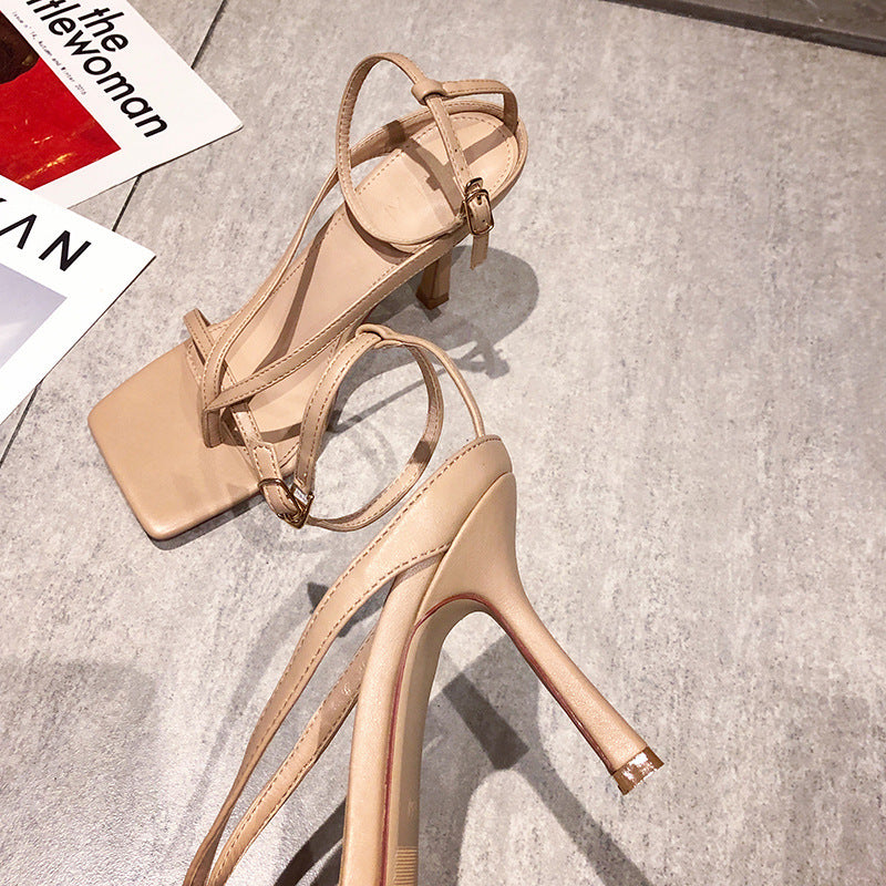 Syncreas Nude Lace-up Square Toe Lace-up High Heels