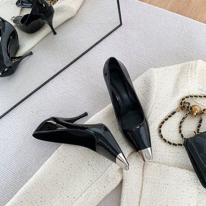 Syncreas Black Square Toe Metal Rear Empty Ankle-strap High Heels