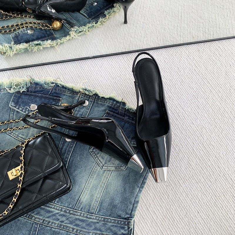 Syncreas Black Square Toe Metal Rear Empty Ankle-strap High Heels