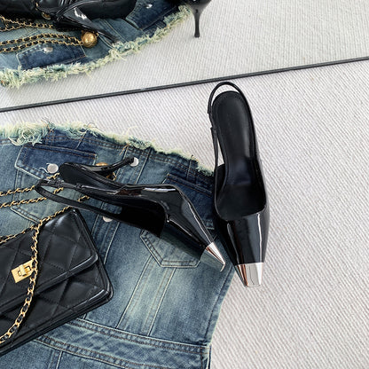 Syncreas Black Square Toe Metal Rear Empty Ankle-strap High Heels