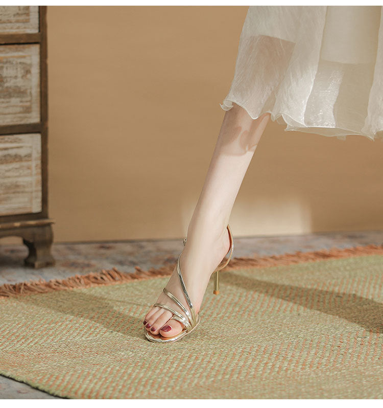 Syncreas Gold Thin Heel Open Toe Round Toe High Heels