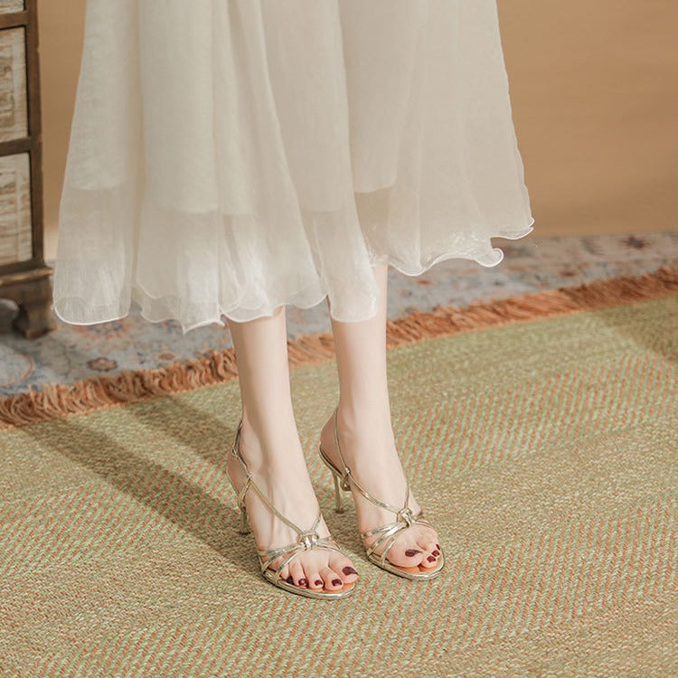 Syncreas Gold Thin Heel Open Toe Round Toe High Heels