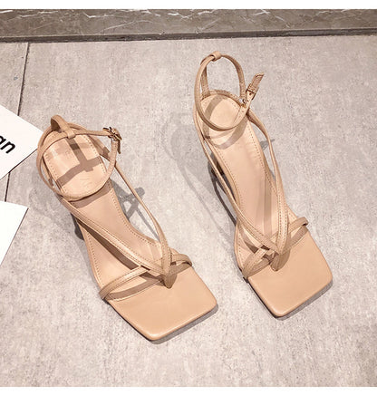 Syncreas Nude Lace-up Square Toe Lace-up High Heels