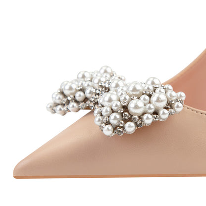 Syncreas Women's Fashion Banquet Pointed Toe Pearl Bow High Heels