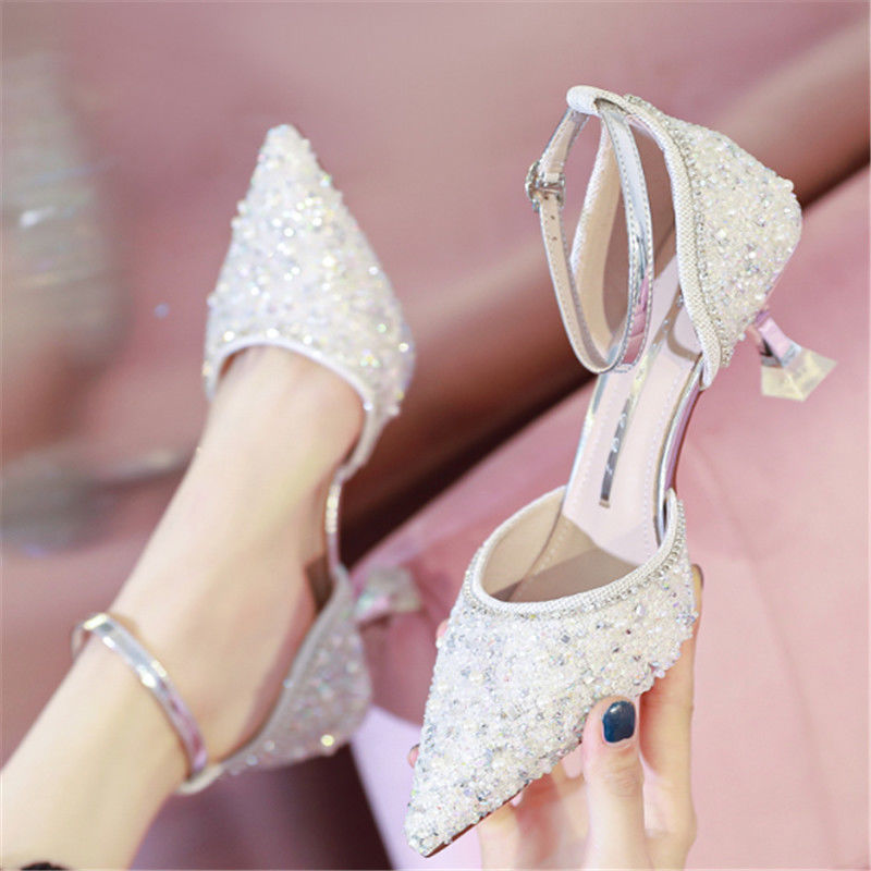 Syncreas One Word With Hollow New Crystal Pointed Fashion High Heels