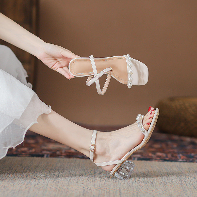Syncreas Transparent Ankle-strap Pearl High Heels