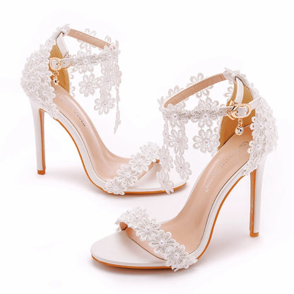 Syncreas Tassel Sandals White Word Buckle High Heels