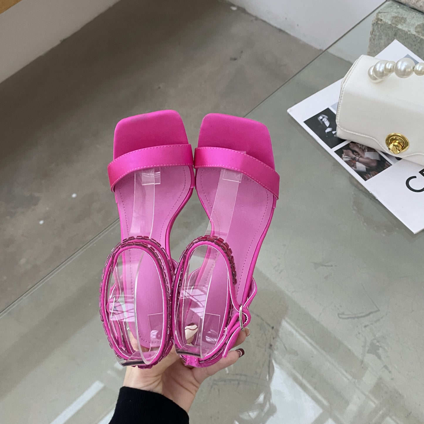 Syncreas Rhinestone Ankle Strap Crystal Heel High Heels