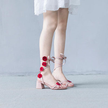 Syncreas Middle Leather Thick Heel Strap Girls High Heels