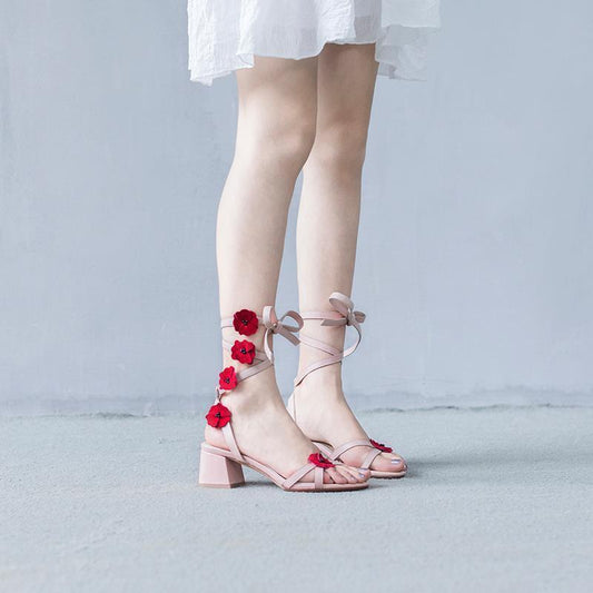 Syncreas Middle Leather Thick Heel Strap Girls High Heels