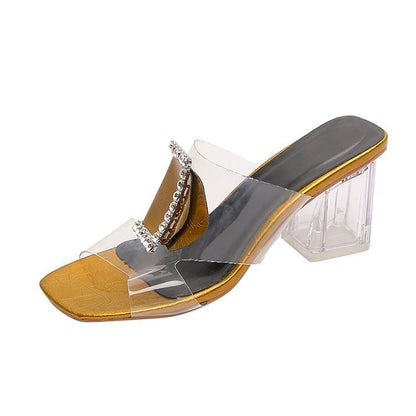 Syncreas Women Wear Transparent Sandals With High-heeled Thick Heels And Rhinestones