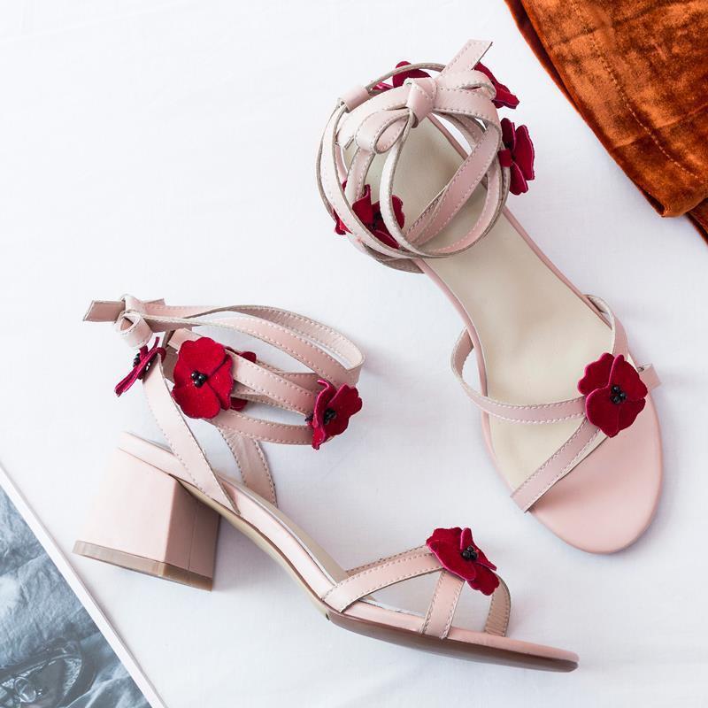 Syncreas Middle Leather Thick Heel Strap Girls High Heels