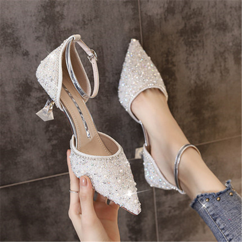 Syncreas One Word With Hollow New Crystal Pointed Fashion High Heels