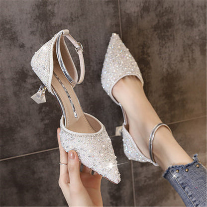 Syncreas One Word With Hollow New Crystal Pointed Fashion High Heels